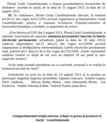 Curtea Constituţională amână decizia privind referendumul pentru 21 august, la solicitarea lui Băsescu - vezi document
